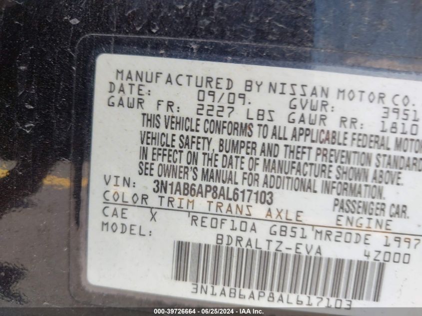 2010 Nissan Sentra 2.0S VIN: 3N1AB6AP8AL617103 Lot: 39726664