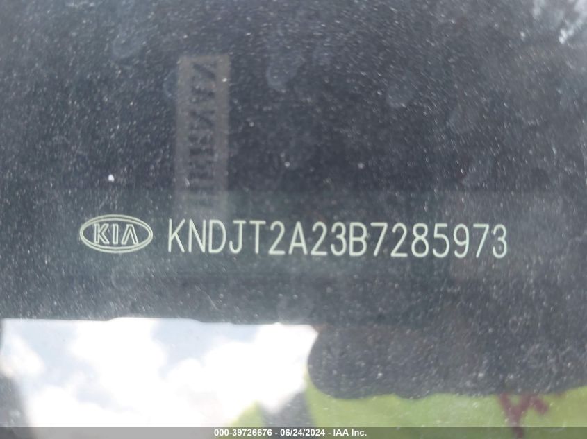 2011 Kia Soul + VIN: KNDJT2A23B7285973 Lot: 39726676