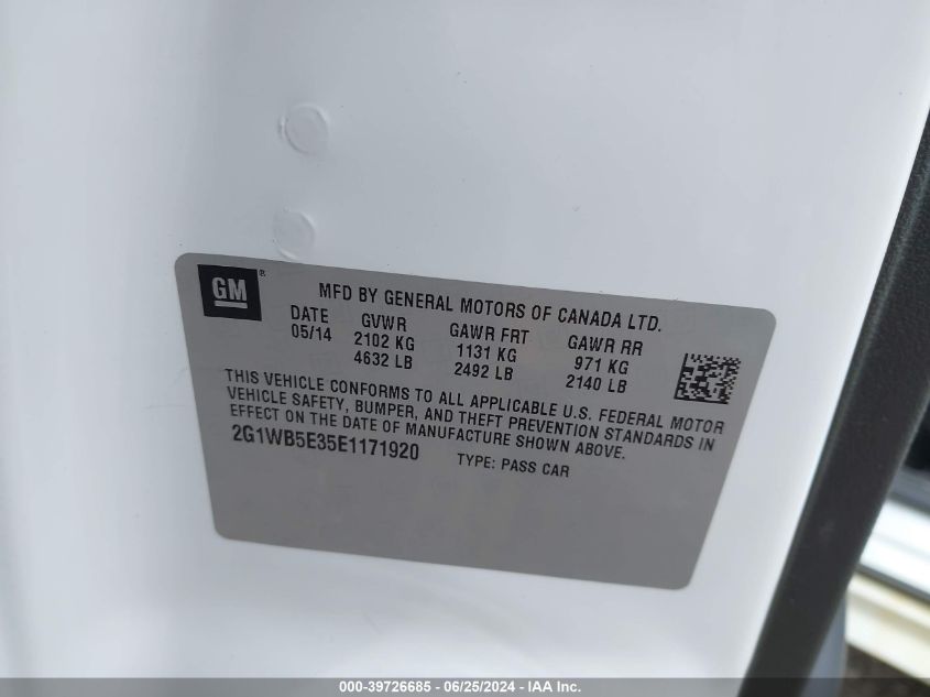 2014 Chevrolet Impala Limited Lt VIN: 2G1WB5E35E1171920 Lot: 39726685