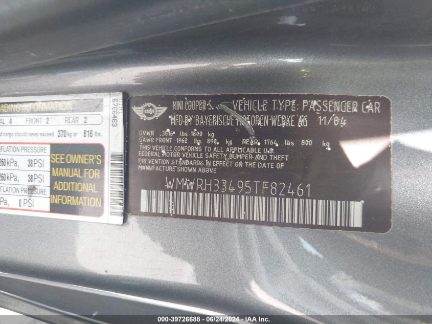 2005 Mini Cooper S VIN: WMWRH33495TF82461 Lot: 39726688