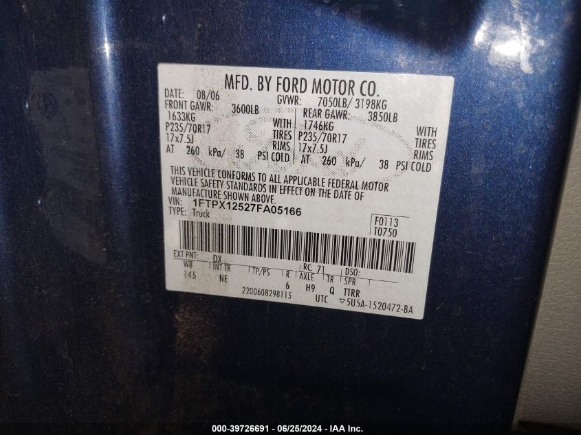 2007 Ford F150 VIN: 1FTPX12527FA05166 Lot: 39726691