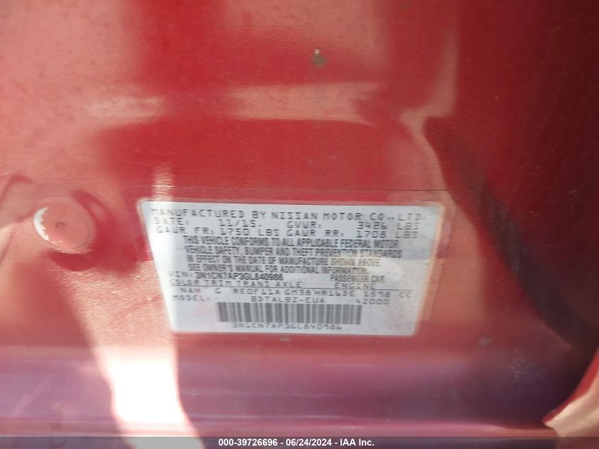 2016 Nissan Versa 1.6 S/1.6 S+/1.6 Sl/1.6 Sv VIN: 3N1CN7AP3GL840986 Lot: 39726696