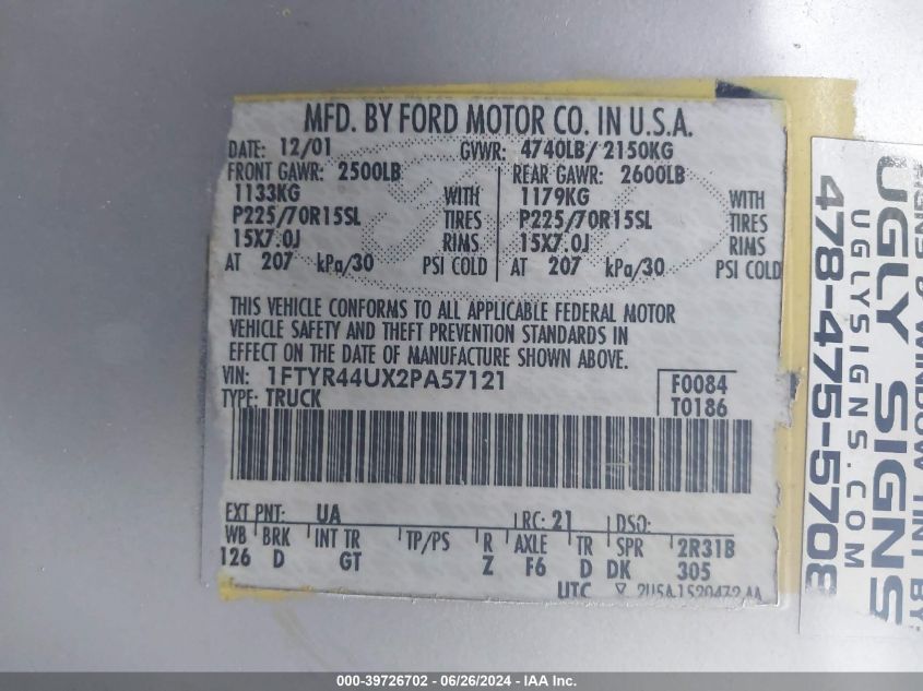 2002 Ford Ranger Super Cab VIN: 1FTYR44UX2PA57121 Lot: 39726702