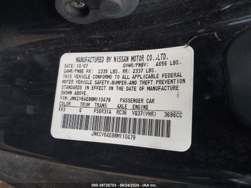 2008 Infiniti G37 Sport VIN: JNKCV64E88M110479 Lot: 39726703