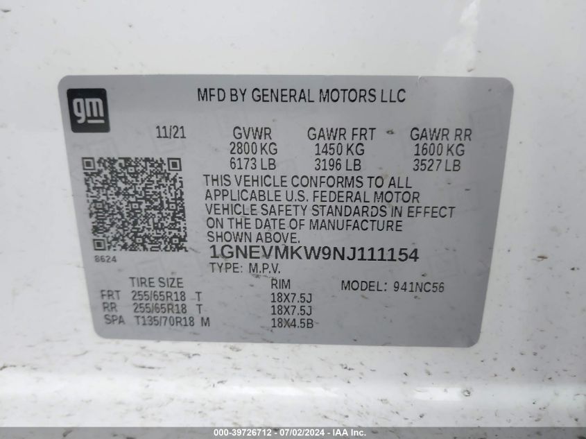 2022 Chevrolet Traverse Lt VIN: 1GNEVMKW9NJ111154 Lot: 39726712