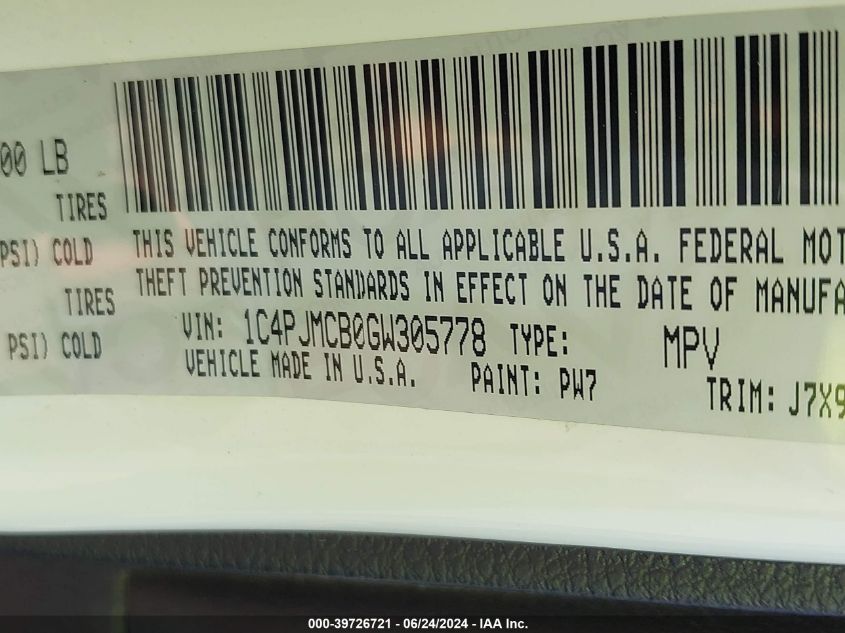 2016 Jeep Cherokee 75Th Anniversary VIN: 1C4PJMCB0GW305778 Lot: 39726721