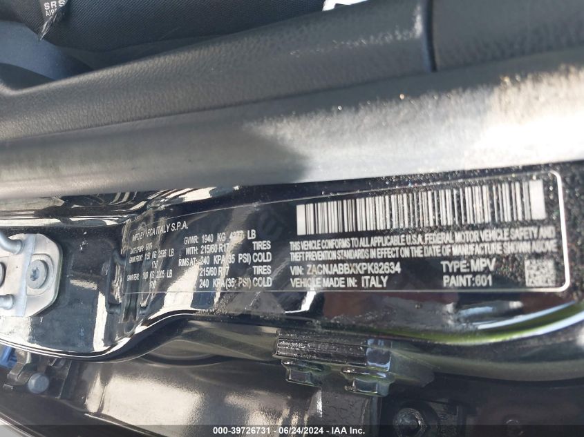 2019 Jeep Renegade Latitude Fwd VIN: ZACNJABBXKPK82634 Lot: 39726731