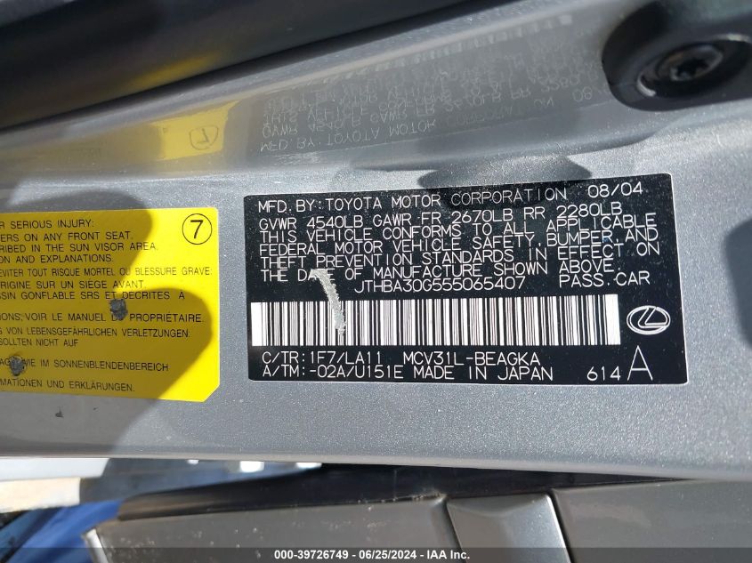 2005 Lexus Es 330 VIN: JTHBA30G555065407 Lot: 39726749