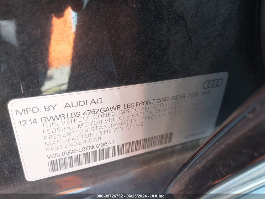 2015 Audi A4 2.0T Premium VIN: WAUAFAFL8FN026641 Lot: 39726752