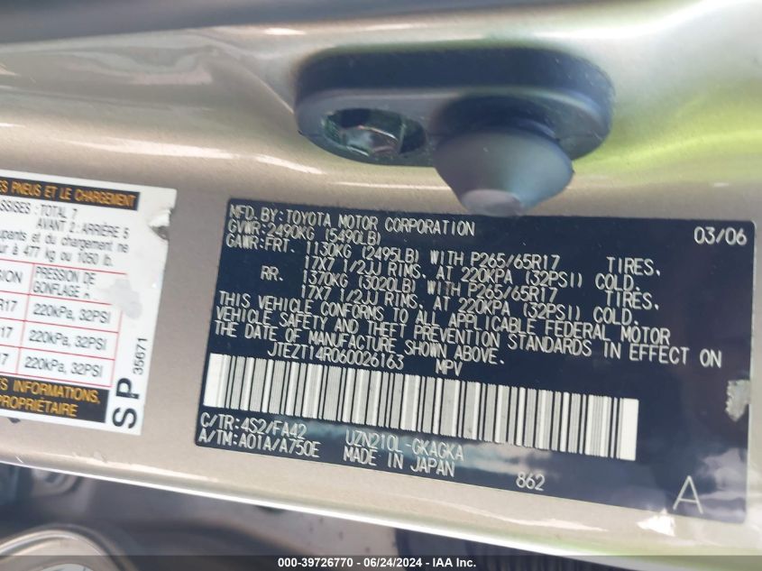 2006 Toyota 4Runner Sr5 V8 VIN: JTEZT14R060026163 Lot: 39726770