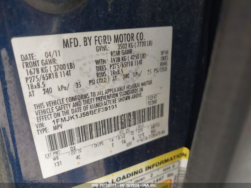 2011 Ford Expedition El Xlt VIN: 1FMJK1J58BEF39191 Lot: 39726771