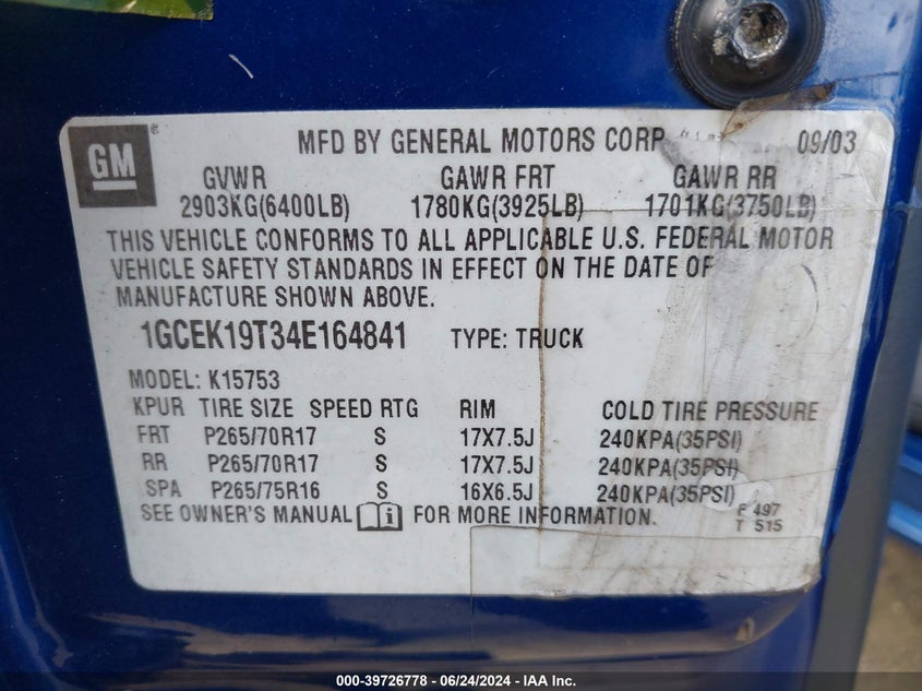 2004 Chevrolet Silverado 1500 Z71 VIN: 1GCEK19T34E164841 Lot: 39726778