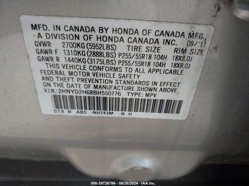 2011 Acura Mdx Tech Pkg VIN: 2HNYD2H68BH550776 Lot: 39726786