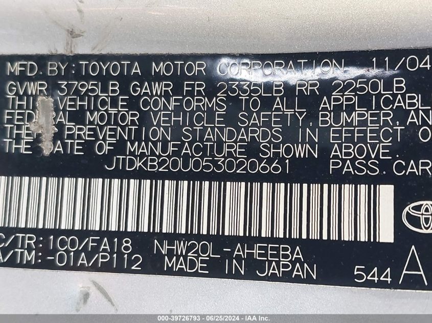 2005 Toyota Prius VIN: JTDKB20U053020661 Lot: 39726793