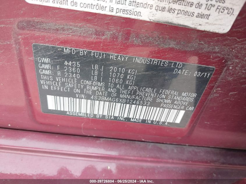 2011 Subaru Legacy 2.5I Premium VIN: 4S3BMAG6XB1246533 Lot: 39726804