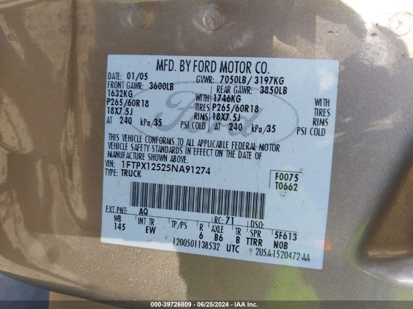 2005 Ford F-150 Lariat/Xl/Xlt VIN: 1FTPX12525NA91274 Lot: 39726809