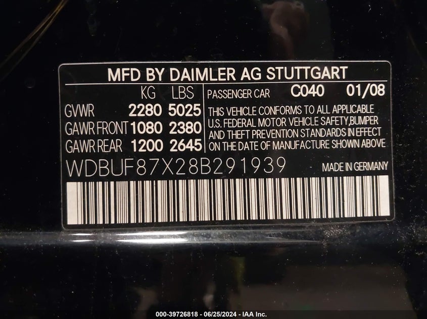 2008 Mercedes-Benz E 350 4Matic VIN: WDBUF87X28B291939 Lot: 39726818