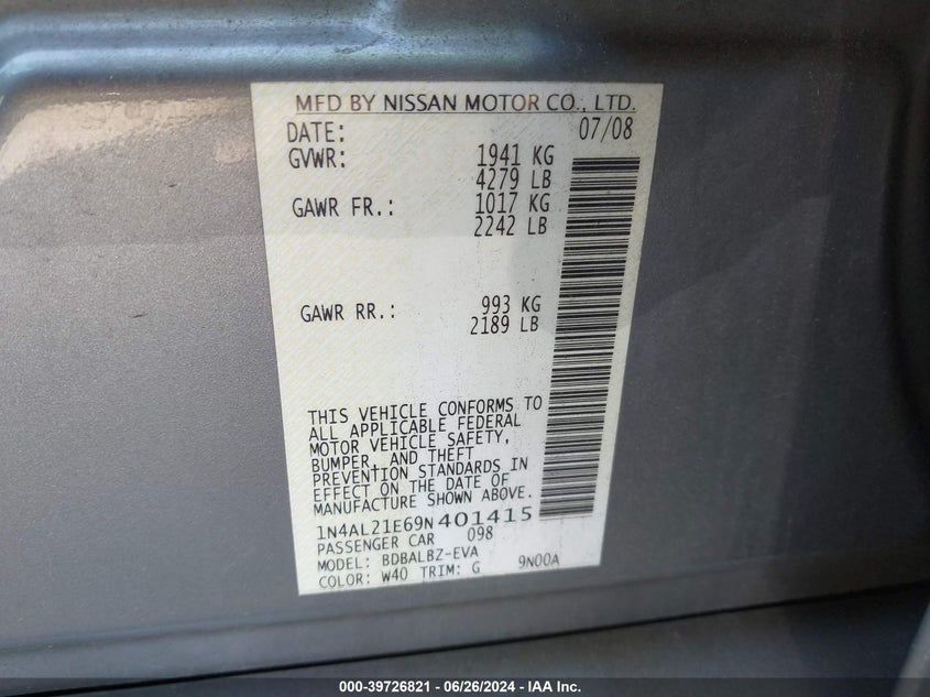 2009 Nissan Altima 2.5/2.5S VIN: 1N4AL21E69N401415 Lot: 39726821