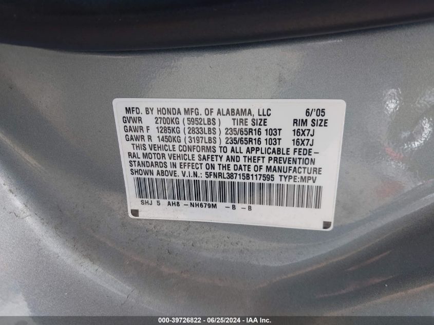 2005 Honda Odyssey Ex-L VIN: 5FNRL38715B117595 Lot: 39726822