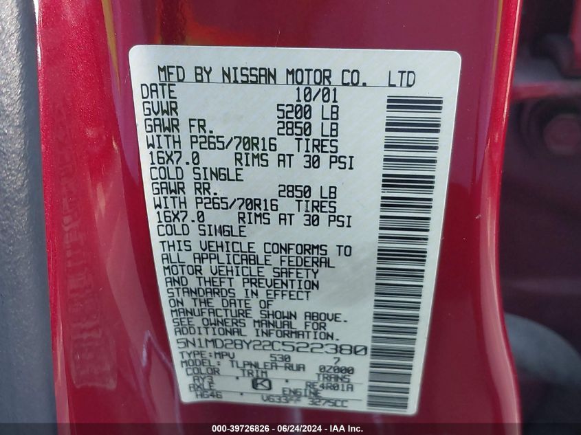 2002 Nissan Xterra Xe S/C VIN: 5N1MD28Y22C522380 Lot: 39726826