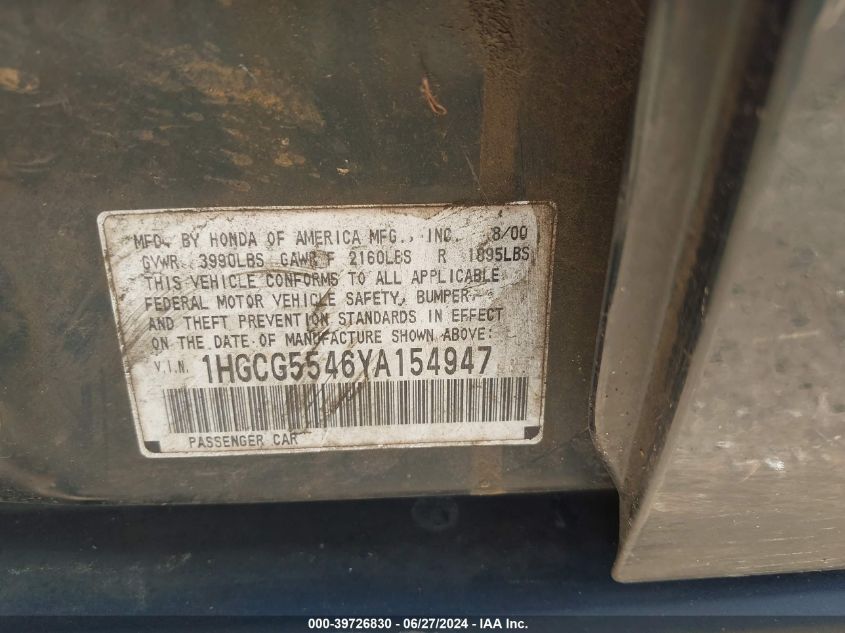 2000 Honda Accord 2.3 Lx VIN: 1HGCG5546YA154947 Lot: 39726830