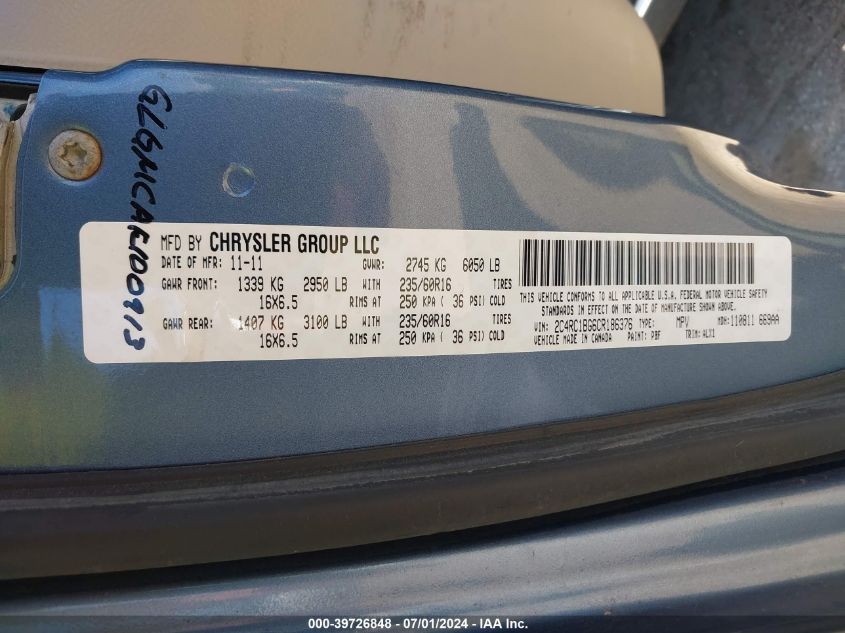 2012 Chrysler Town & Country Touring VIN: 2C4RC1BG6CR186376 Lot: 39726848