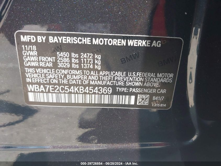 2019 BMW 740I I VIN: WBA7E2C54KB454369 Lot: 39726854