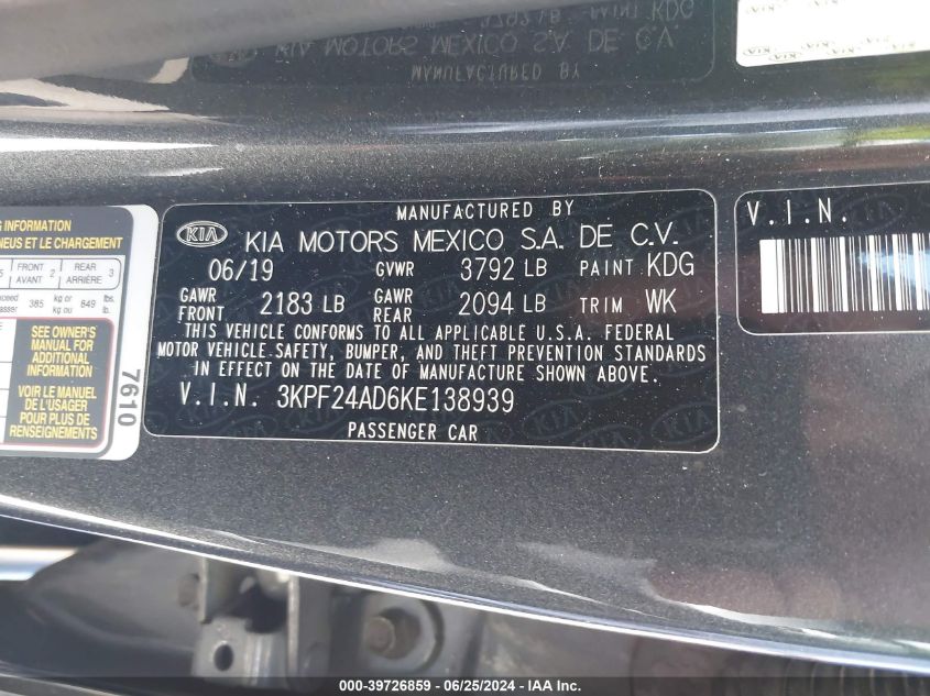2019 Kia Forte Fe/Lx/Lxs VIN: 3KPF24AD6KE138939 Lot: 39726859