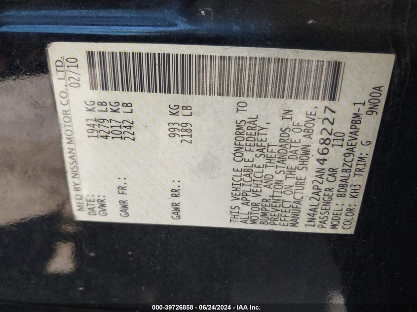 2010 Nissan Altima 2.5 S VIN: 1N4AL2AP2AN468227 Lot: 39726858