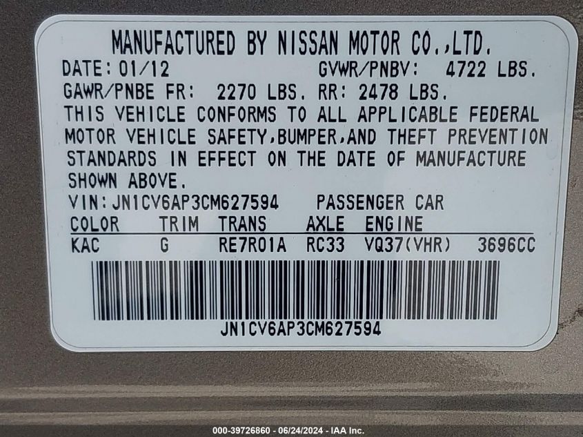 2012 Infiniti G37 Journey VIN: JN1CV6AP3CM627594 Lot: 39726860