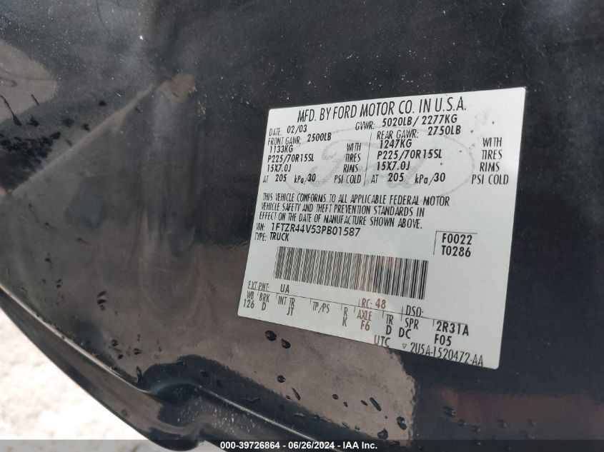 2003 Ford Ranger Super Cab VIN: 1FTZR44V53PB01587 Lot: 39726864