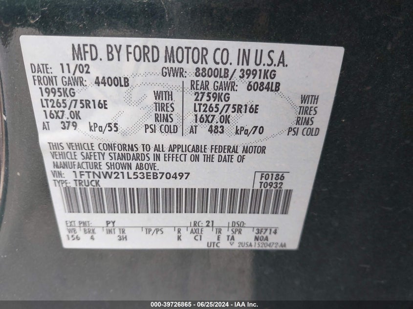 2003 Ford F250 Super Duty VIN: 1FTNW21L53EB70497 Lot: 39726865