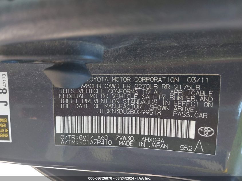 2011 Toyota Prius Four VIN: JTDKN3DU2B0299518 Lot: 39726878