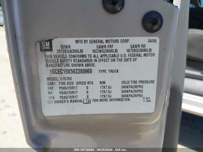 2006 Chevrolet Silverado 1500 Work Truck VIN: 1GCEC19X56Z280960 Lot: 39726880