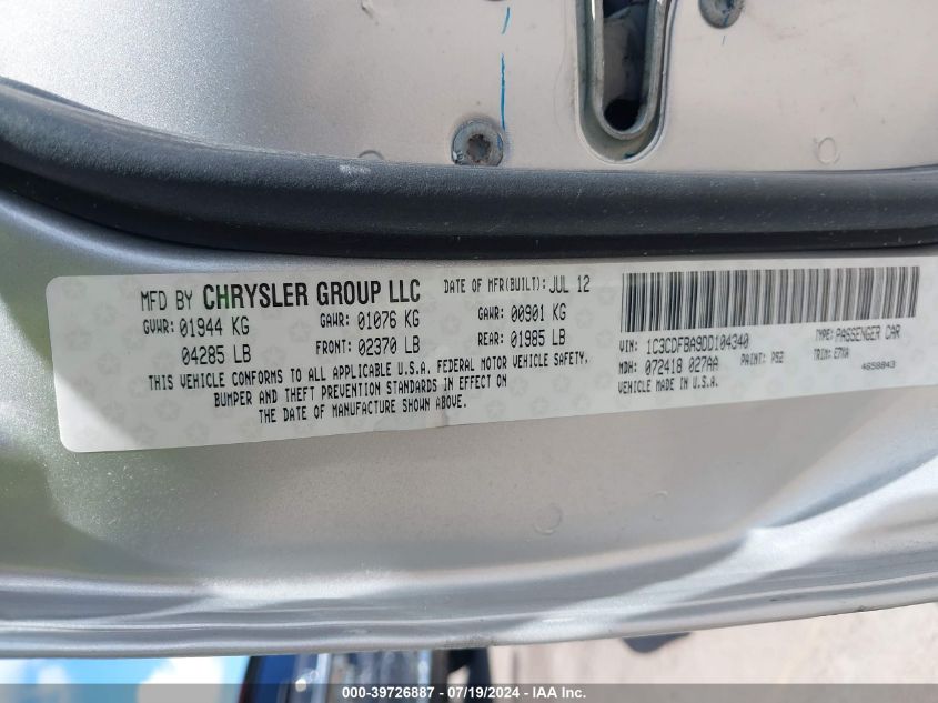 2013 Dodge Dart Sxt VIN: 1C3CDFBA9DD104340 Lot: 39726887