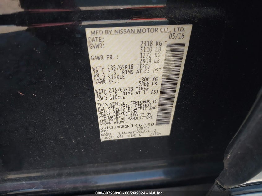 2016 Nissan Murano S/Sl/Sv/Platinum VIN: 5N1AZ2MG8GN146250 Lot: 39726890