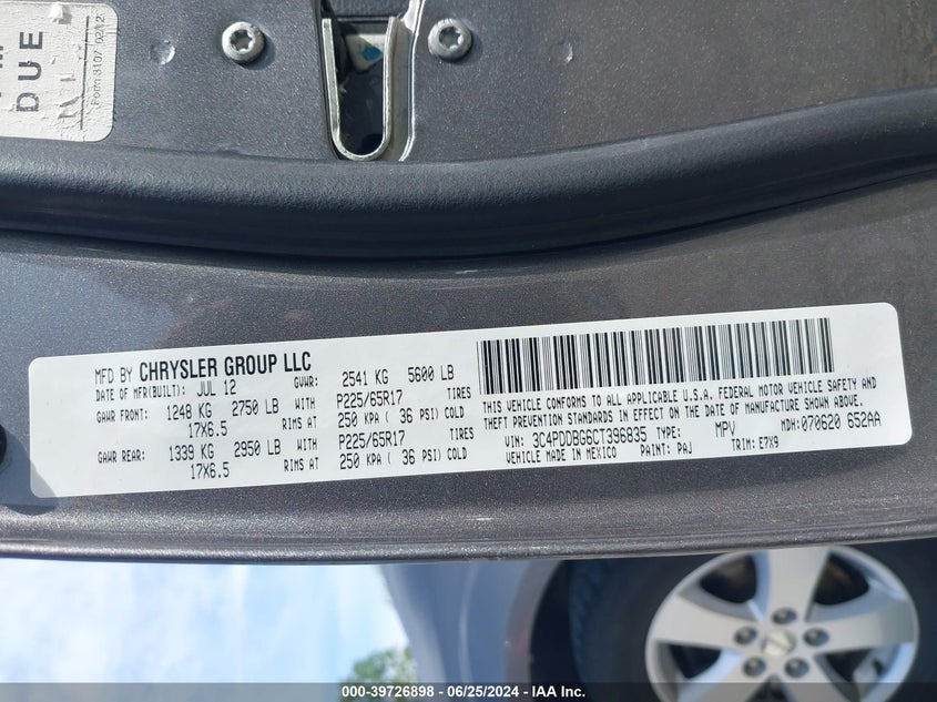 2012 Dodge Journey Sxt VIN: 3C4PDDBG6CT396835 Lot: 39726898