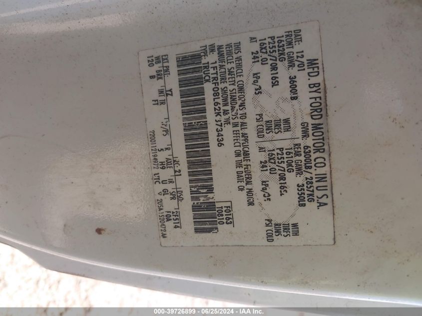 2002 Ford F-150 Xl/Xlt VIN: 1FTRF08L62KB73436 Lot: 39726899