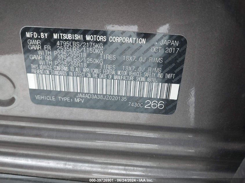 2018 Mitsubishi Outlander Le VIN: JA4AD3A38JZ020135 Lot: 39726901