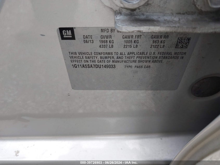 2013 Chevrolet Malibu Ls VIN: 1G11A5SA7DU149033 Lot: 39726903
