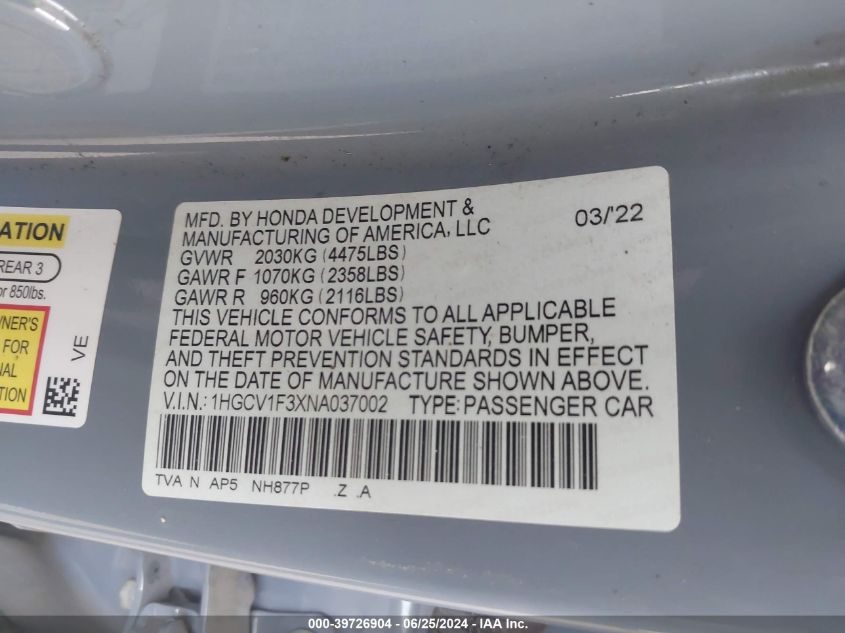 2022 Honda Accord Sport VIN: 1HGCV1F3XNA037002 Lot: 39726904