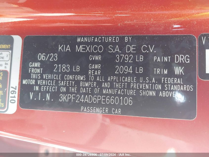 2023 Kia Forte Lxs VIN: 3KPF24AD6PE660106 Lot: 39726906