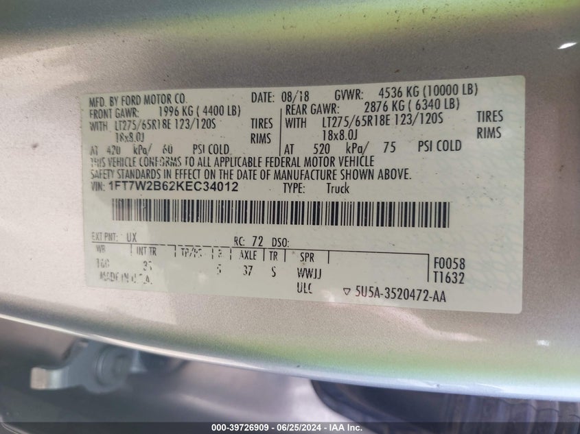 2019 Ford F250 Super Duty VIN: 1FT7W2B62KEC34012 Lot: 39726909