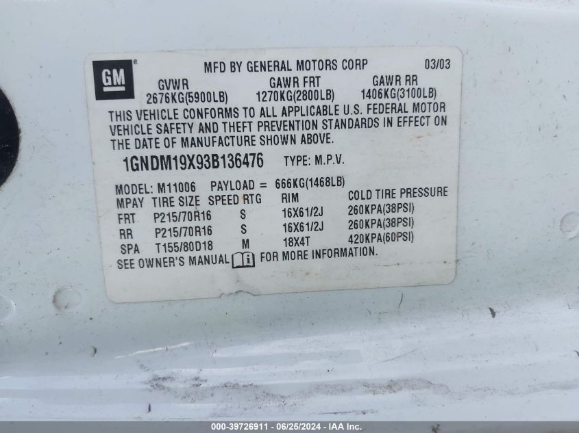 2003 Chevrolet Astro VIN: 1GNDM19X93B136476 Lot: 39726911