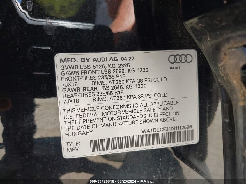 WA1DECF31N1112596 2022 Audi Q3 Premium 45 Tfsi S Line Quattro Tiptronic