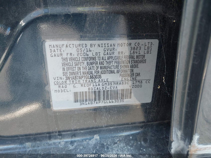 2016 Nissan Sentra Sv VIN: 3N1AB7AP7GL663035 Lot: 39726917