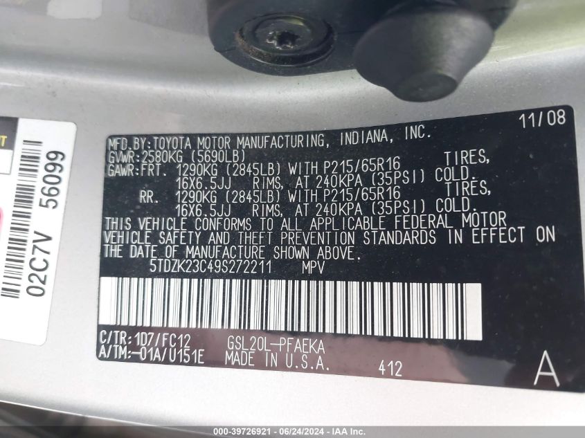 2009 Toyota Sienna Le VIN: 5TDZK23C49S272211 Lot: 39726921