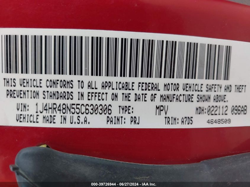 2005 Jeep Grand Cherokee Laredo/Columbia/Freedom VIN: 1J4HR48N55C630306 Lot: 39726944