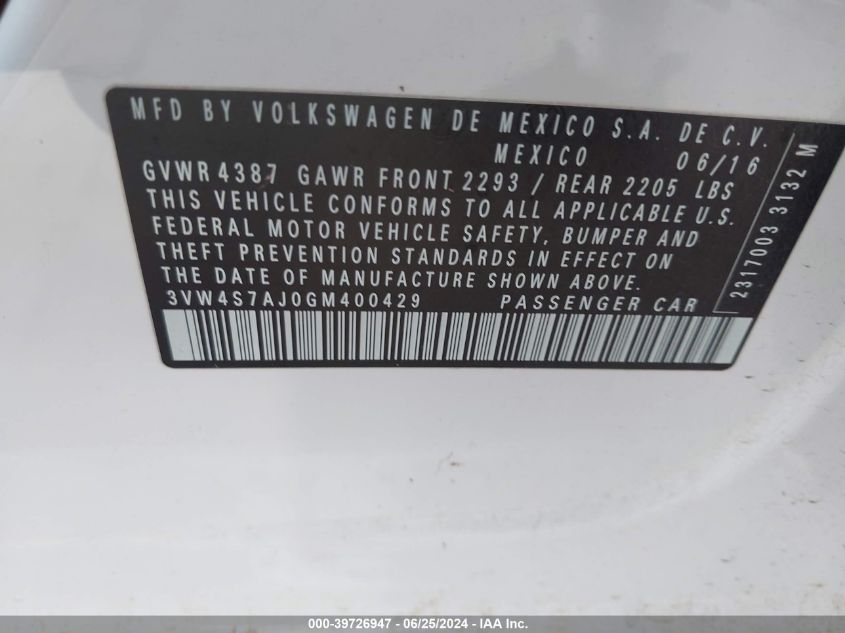 2016 Volkswagen Jetta Sedan Gli/Se/Sel VIN: 3VW4S7AJ0GM400429 Lot: 39726947