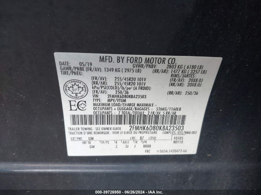 2019 Ford Flex Limited VIN: 2FMHK6D80KBA23503 Lot: 39726950